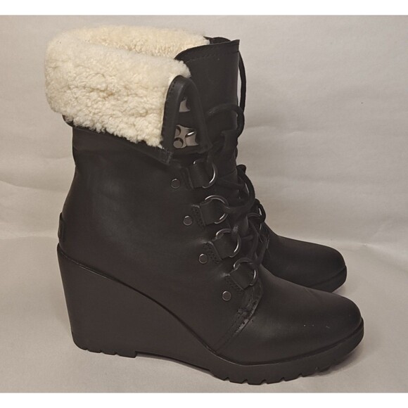 Sorel After Hours Lace Up Boot Women's 6.5 Black Leather Shearling Top Roll - Picture 3 of 11